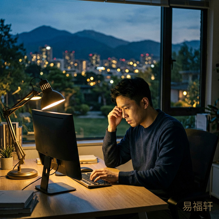 深夜办公室只剩一盏台灯,一个男人独自面对电脑屏幕低头扶额,窗外城市灯火通明却隔着一层玻璃