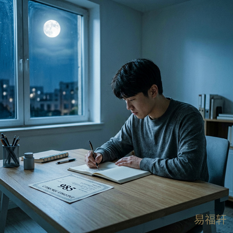 凌晨书桌前一个男生奋笔疾书，窗外有月光照进来，桌上摆着985录取通知书