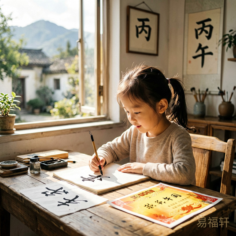 一个扎马尾的小女孩坐在书桌前认真写字,窗外阳光洒进来,桌上放着书法作品和奖状,墙上挂着