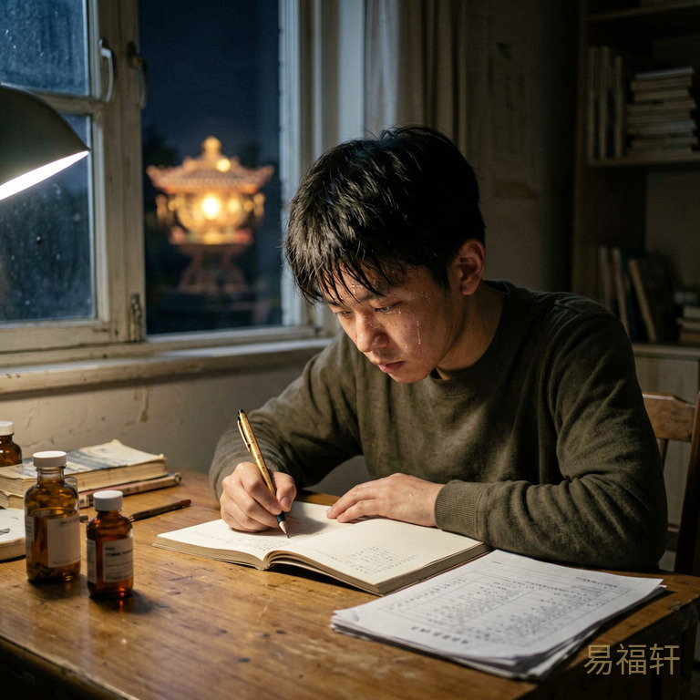 一个少年深夜还在书桌前埋头苦读,额头冒汗脸色苍白,旁边堆着药瓶和成绩单,窗外夜色深沉,远处有模糊的财宝光芒却够不着