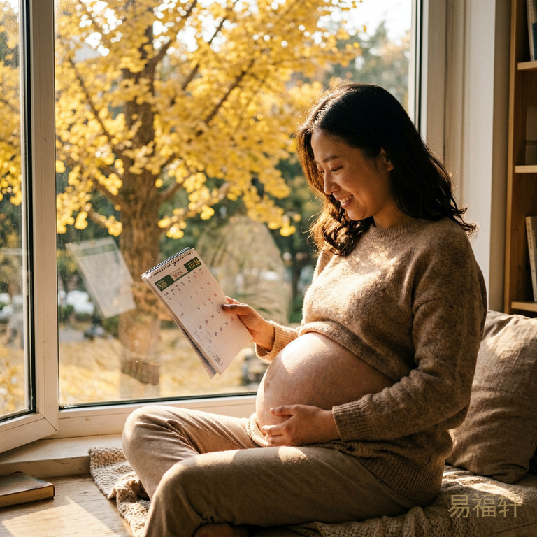 一位孕妈妈坐在窗边翻看日历，阳光洒在圆鼓鼓的肚子上，窗外是秋天的银杏树