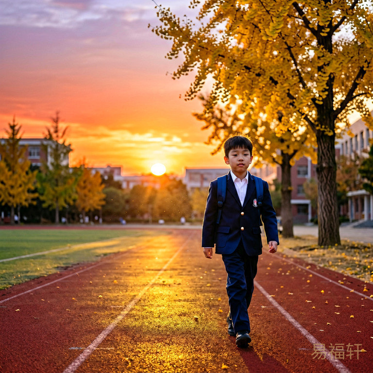 夕阳下的校园操场，一个穿校服的男孩背着书包回家，远处是金色银杏树，脚下的路洒满余晖