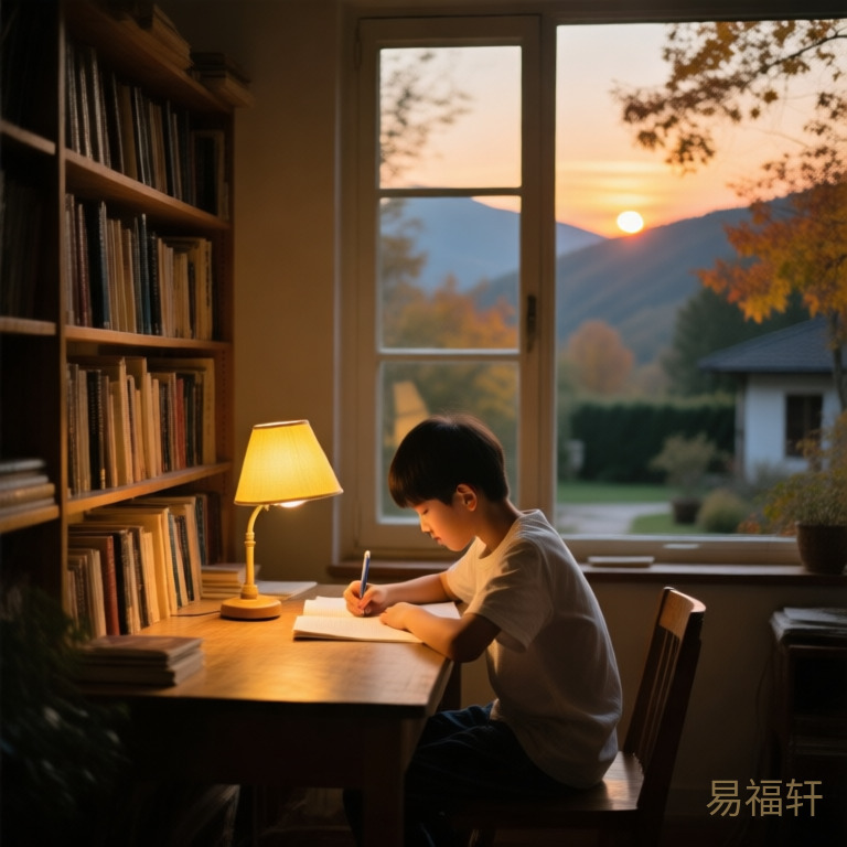 傍晚时分,一个少年坐在书桌前写作业,台灯发出暖黄色的光,身后书架上摆满了书,窗外是秋日夕阳