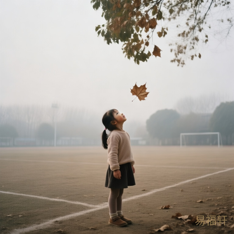 一个小女孩独自站在空旷的操场上,天空是灰蒙蒙的雾霾天,她抬起头望着一片枯叶从树上落下