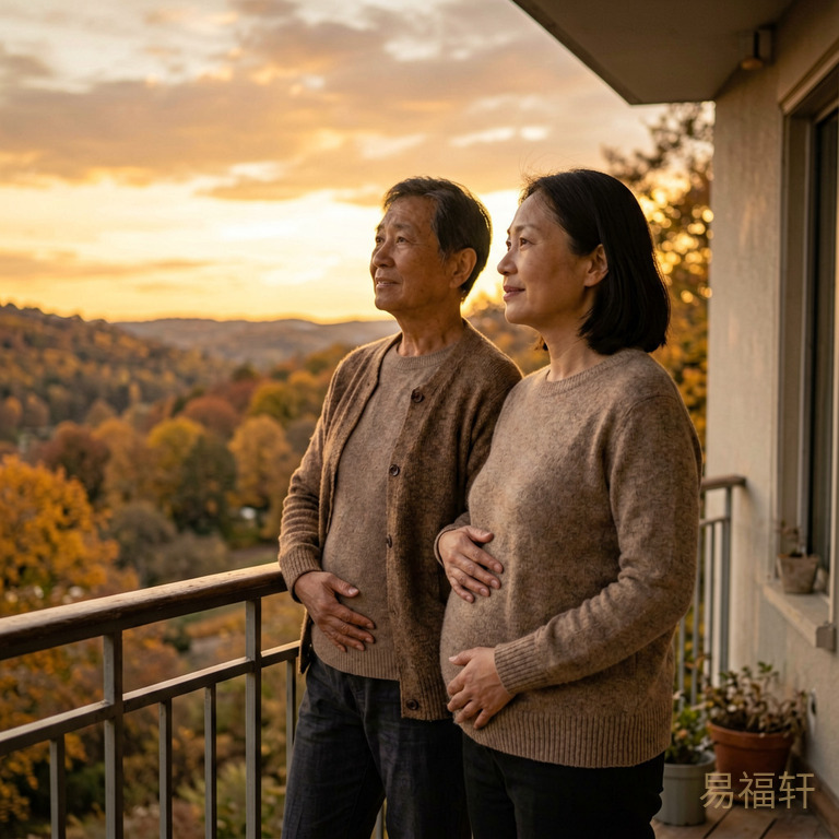 一对准父母站在阳台上望向远方，妈妈手搭在肚子上，远处是秋天的晚霞，天边染着金色和橘色