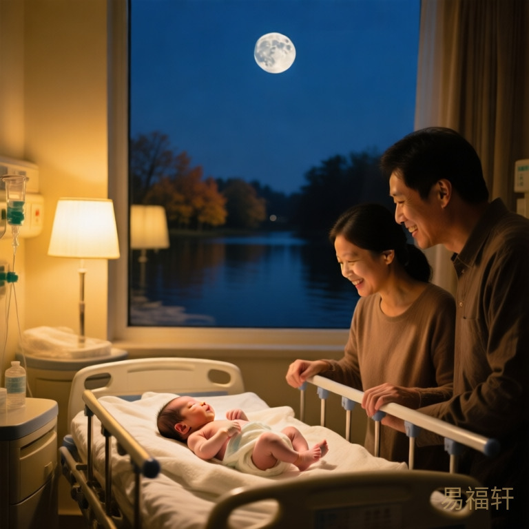 深秋夜晚九点，产房里暖黄的灯光下，一个男婴刚刚降生，窗外夜色如水，月亮挂在清朗的夜空中，寓意亥水润木、时机正好