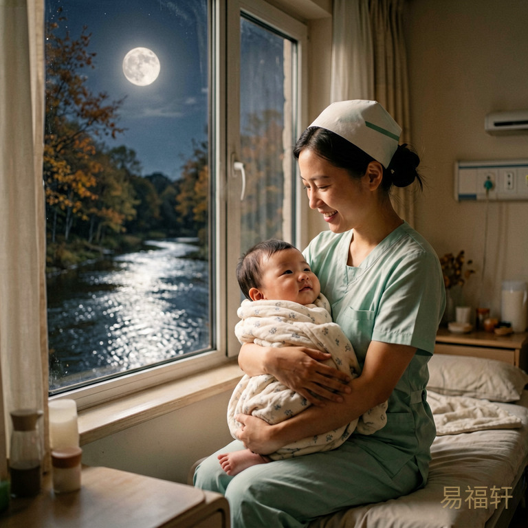 深秋夜晚九点多，安静的产房里灯光柔和，护士抱着一个男婴到窗前，窗外月光洒在小河上波光粼粼，寓意亥水润火、阴阳调和