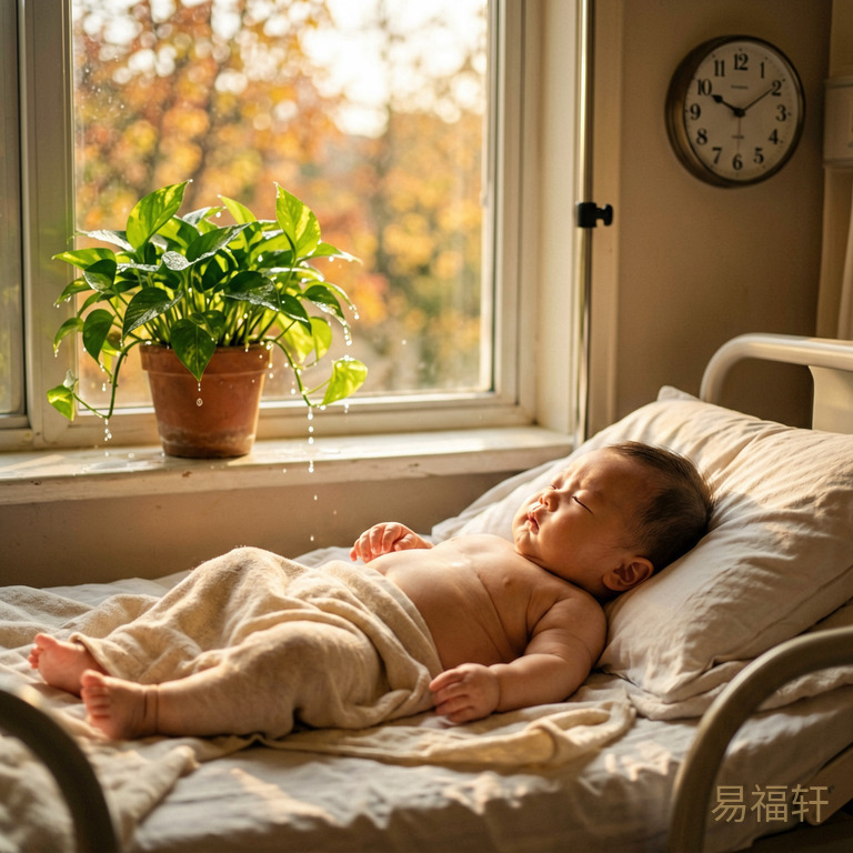 一个男宝宝躺在产房里，窗外秋日阳光温暖，床头的时钟指向下午三点多，窗台上一盆绿植郁郁葱葱，水珠从叶尖滑落，整个房间充满生机