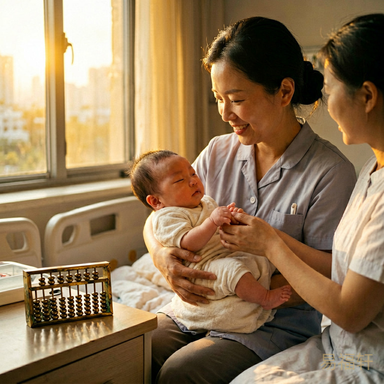 清晨的产房窗外透进金色阳光，护士抱着新生男婴，婴儿的小手握着母亲的手指，床头柜上放着一个老式铜质小算盘，象征财运已到