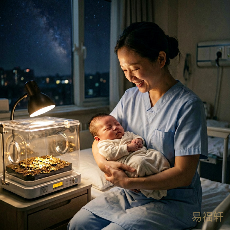深夜产房，窗外星光点点，护士抱着刚出生的男婴，婴儿安详地睡着，旁边的保温箱上放着一盏暗灯，象征湿土藏金的沉静力量