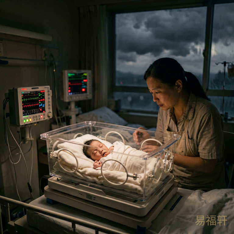 凌晨的产房里灯光昏暗，一个男婴在保温箱中，周围的监护仪器红灯闪烁，窗外天色未亮，浓重的云层压得很低，给人一种压抑沉闷的感觉