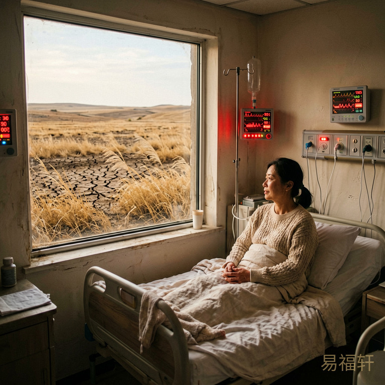 凌晨的产房空无一人，只有监护仪器的红灯在闪烁，窗外是一片干裂的荒地，枯黄的草在风中摇曳，远处是龟裂的泥土延伸到天际