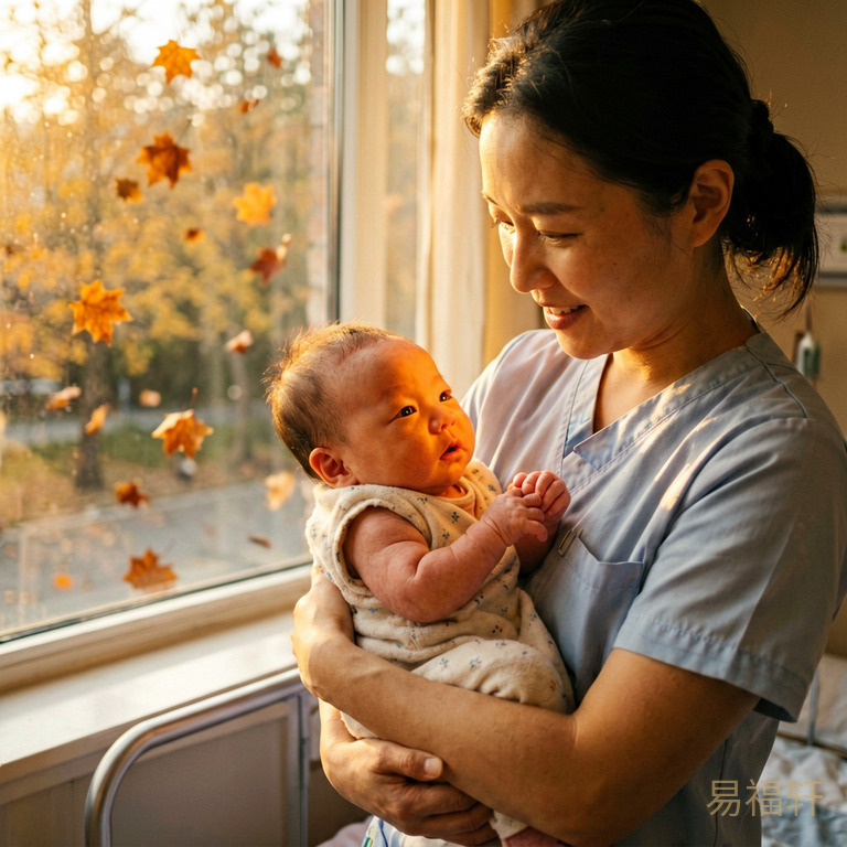 清晨产房窗户透进金色阳光，护士抱着一个新生男婴，婴儿小手紧握，窗外秋天梧桐叶飘落，温暖的橙色光线洒在宝宝脸上