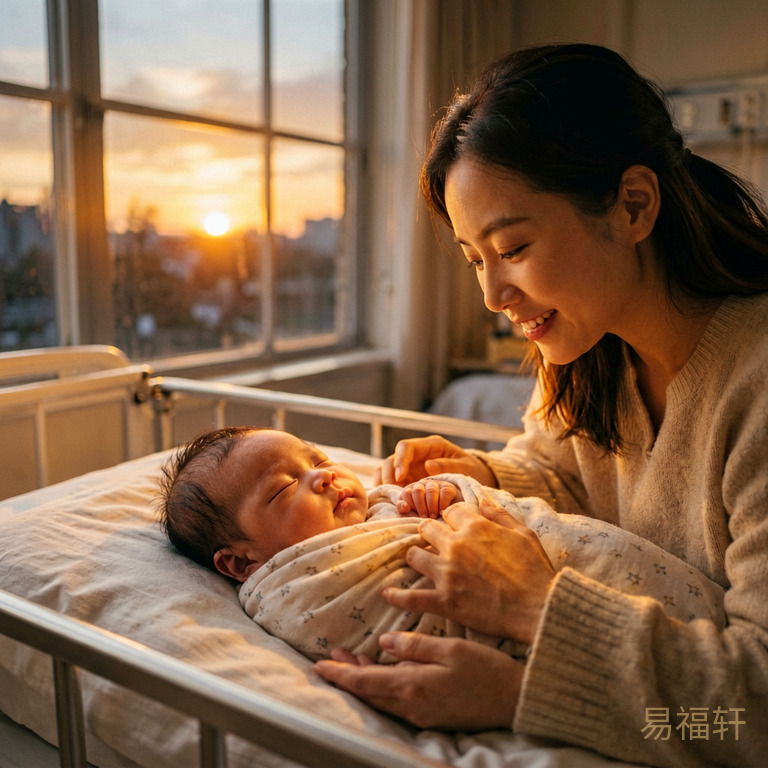 傍晚产房柔和的灯光下，一个男婴安静地躺在襁褓中，窗外落日余晖透过玻璃窗洒进来，金橙色的光线如同暖流淌过婴儿的脸庞，一位年轻母亲温柔地看着孩子