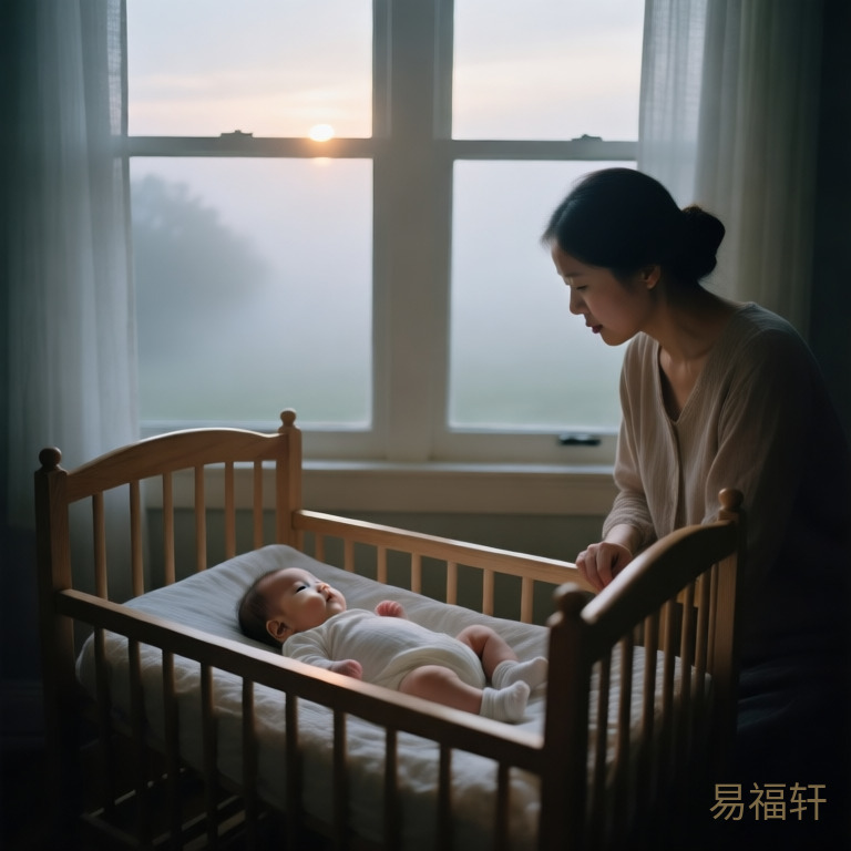 清晨薄雾中一个安静的女婴躺在摇篮里，窗外透进微光但天色未亮，给人一种隐隐不安的氛围