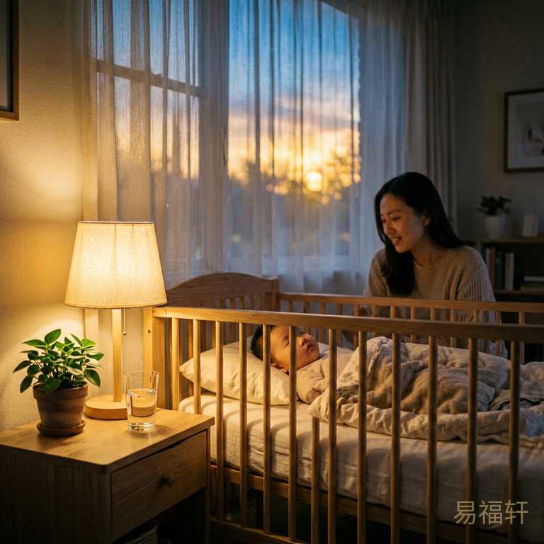 凌晨时分的静谧卧室，一盏柔和的夜灯照着婴儿床，床头柜上放着一杯清水和一小盆绿植，窗外渐亮的天光透过薄纱窗帘，象征湿土藏金的觉醒力量