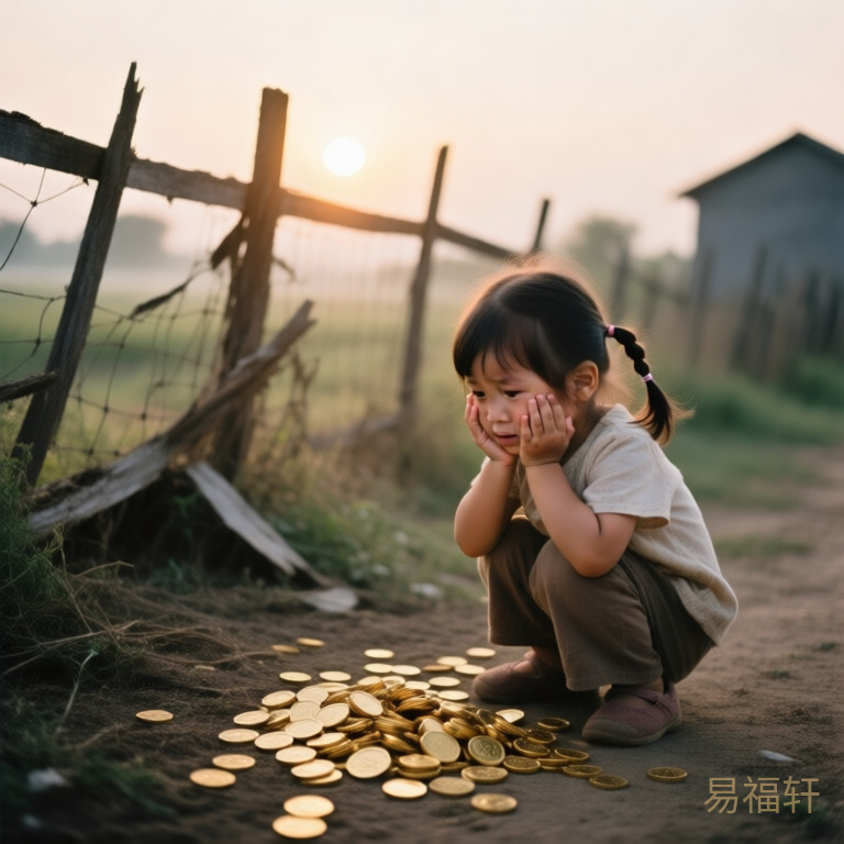 一个扎着小辫子的小女孩蹲在地上，面前散落着很多金币但捡不起来，她双手捧着脸看起来有些无助，身后是一片被冲坏的篱笆，远处是早晨的太阳