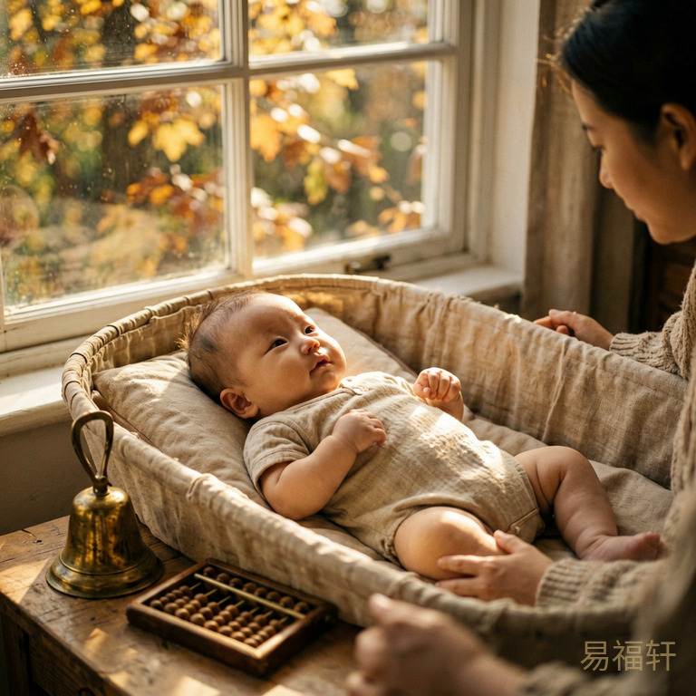 一个穿肚兜的男婴躺在摇篮里，窗外是秋天的午后阳光透过树叶洒下斑驳光影，旁边放着一只铜铃和一把小算盘