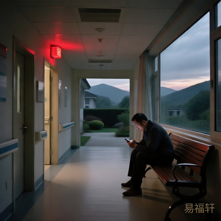 傍晚天色阴沉,医院走廊空荡荡,产房门口红灯亮着,一个男人独自坐在长椅上低头看手机,神色疲惫焦虑,窗外是即将入夜的灰暗天空