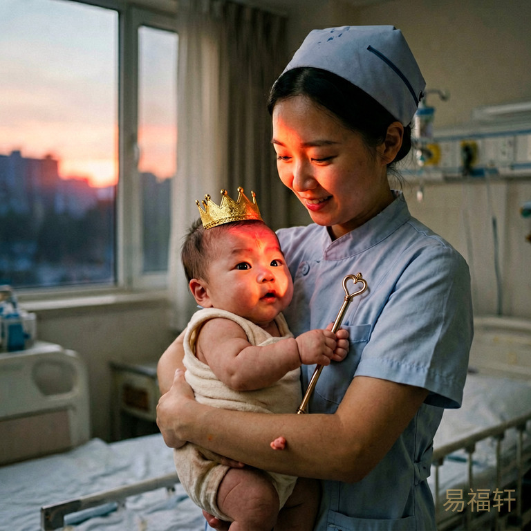 凌晨的产房，晨光刚刚穿透夜幕，护士抱着一个男婴，婴儿的眼睛睁得很大，拳头紧握像握着权杖，窗外第一缕朝阳的红光打在他的额头上，像戴了一顶小小的金冠