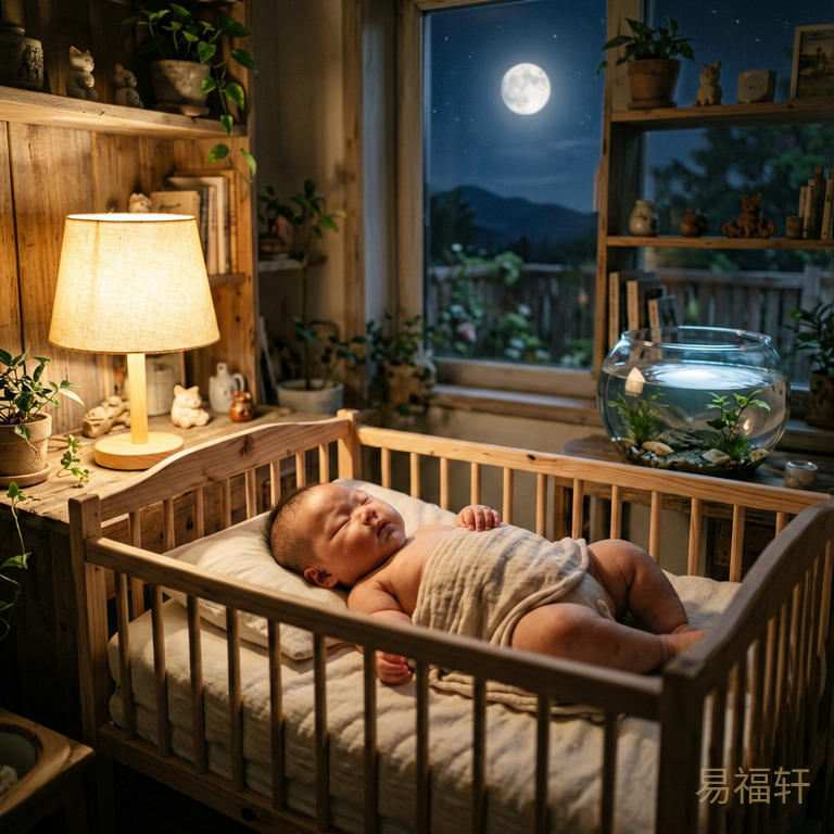 夜晚时分一盏温暖的台灯下,一个胖乎乎的男婴安静地躺在婴儿床里,窗外的月亮高悬夜空倒映在窗边的鱼缸水面上,房间里有木质书架和各种小摆件,气氛安静又充满能量