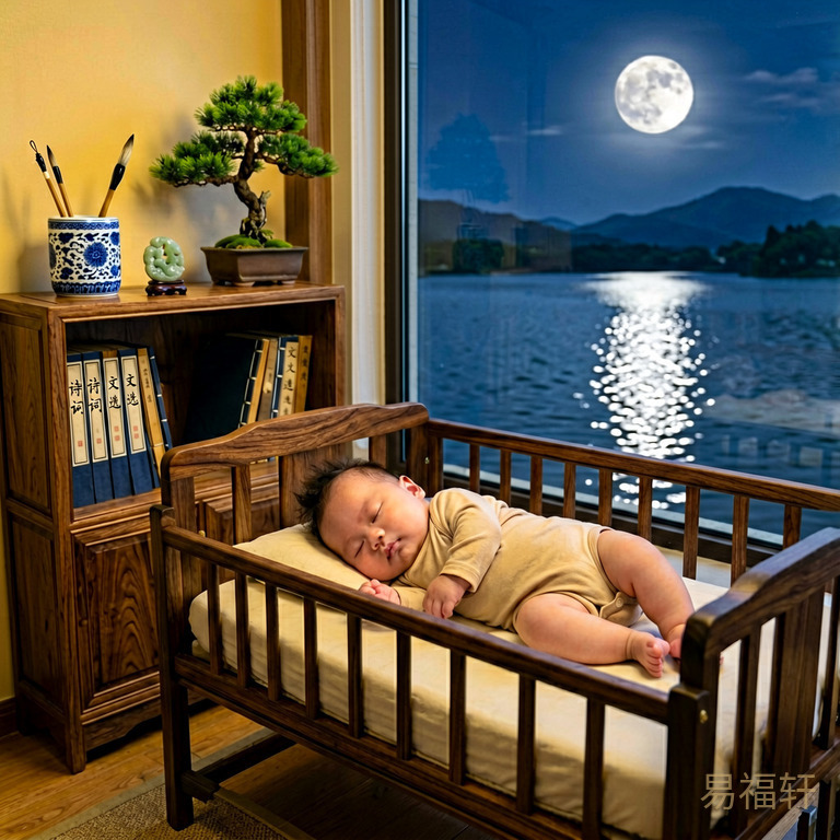 夜晚的宁静湖边一座别墅的婴儿房内,一个胖乎乎的男婴安睡在木质婴儿床里,窗外月光洒在湖面上波光粼粼,房间内摆放着古典的中式书架和文房摆件,气氛沉稳而富有底蕴