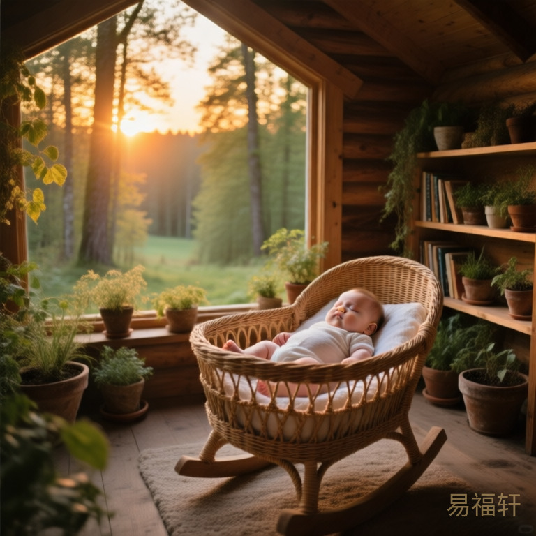 黄昏时分一片生机勃勃的森林边缘一座温馨木屋的婴儿房内,一个胖乎乎的男婴安睡在手工编织的藤制摇篮里,窗外夕阳的金光穿过树叶洒进来,房间里有木质书架和各种植物盆栽,气氛温暖而充满生命力