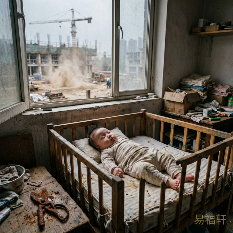 清晨灰蒙蒙的天色下一间狭小的房间里,一个女婴躺在简易婴儿床上表情不安,透过窗户能看到外面正在施工的工地尘土飞扬,房间内物品杂乱地堆放着,角落里有一把生锈的园艺剪刀暗示某种割裂感
