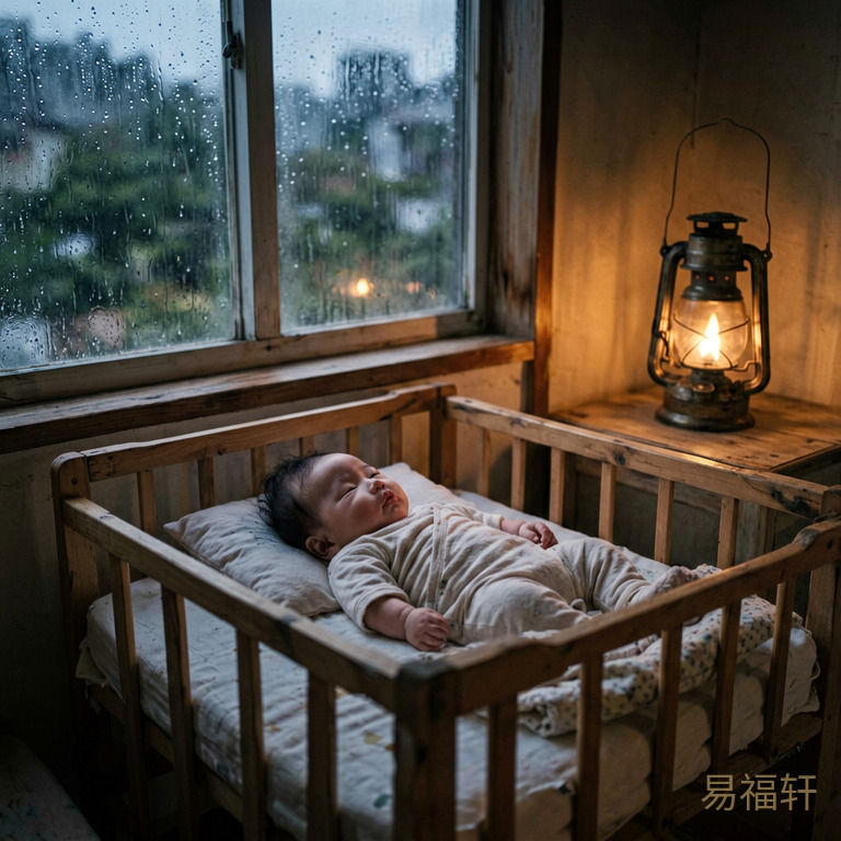 傍晚天色渐暗一间采光不足的房间里,一个女婴躺在简易婴儿床上表情不安,窗外下着细雨打在玻璃上模糊了视线,房间角落里一个老式煤油灯的火苗在风中微弱地摇曳,暗示着某种能量即将耗尽的感觉