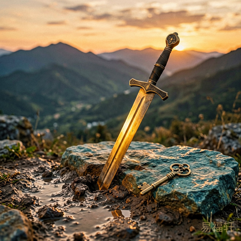 夕阳余晖中，一把古铜色的宝剑从湿润的泥土中被轻轻拔出，剑身泛着温润的金光，旁边有一把精巧的铜钥匙搁在青石台上，远处是连绵起伏的山脉