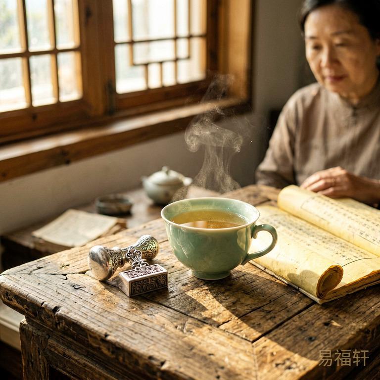 午后阳光透过窗棂照在一张古旧的木桌上，桌上放着一枚精致的银质印章和一盏青瓷茶杯，杯中的水汽在阳光下泛着细密的微光，旁边摊开一卷泛黄的文书