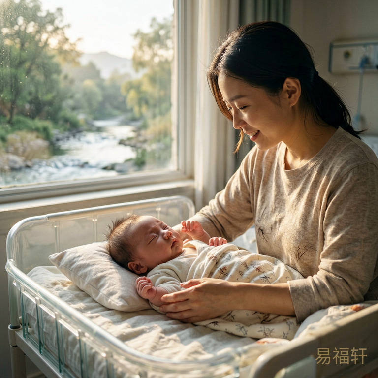 清晨阳光透过窗户照进产房，一个男婴躺在母亲身边，窗外有小河流水，寓意辰时水库润木、杀印相生