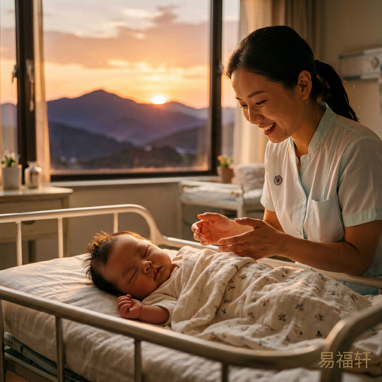 夕阳西下时分，一个男婴在产房里安睡，护士轻轻照看着，窗外远山如黛，寓意申时壬水化杀、格局清贵