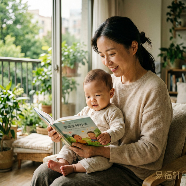 妈妈在阳台抱着宝宝读绘本,窗外有绿植