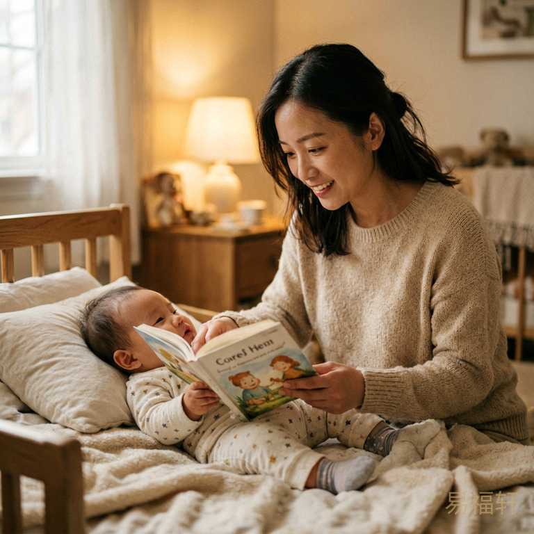 妈妈在宝宝床边轻声读绘本,灯光温暖柔和