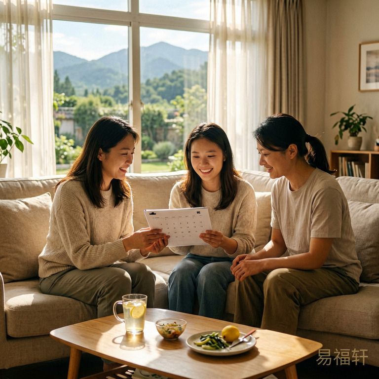 闺蜜围坐在客厅沙发上翻看手机日历,窗外夏日阳光透过纱帘洒进来,茶几上放着一杯柠檬水