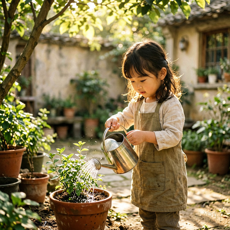 一个小女孩在庭院里给盆栽浇水,阳光透过树叶洒在她脸上