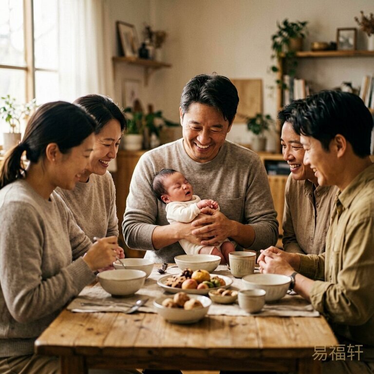 温馨家庭聚会,一家人围坐餐桌,爸爸抱着新生儿