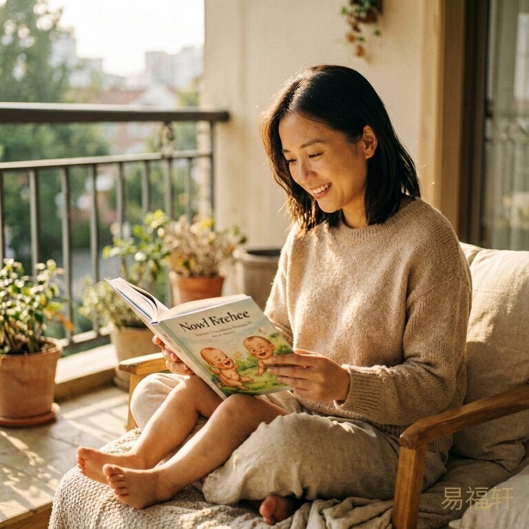 妈妈在阳台读绘本,阳光温柔洒落