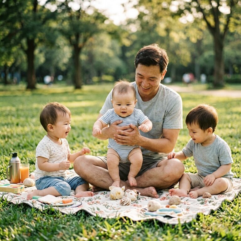 一家三口在公园野餐晒太阳,爸爸抱着宝宝在草地上打滚