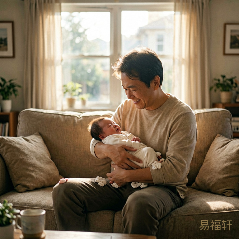 温馨家庭客厅,爸爸抱着新生儿坐在沙发上,阳光透过窗帘洒进来