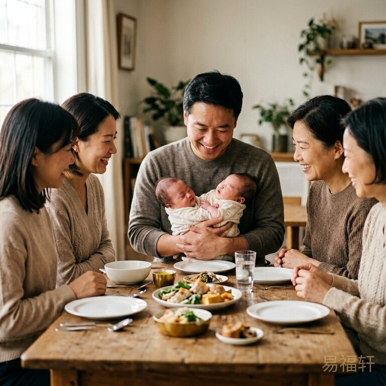 温馨家庭聚会，一家人围坐餐桌，爸爸抱着新生儿