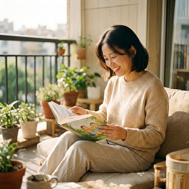妈妈在阳台读绘本，阳光温柔洒落