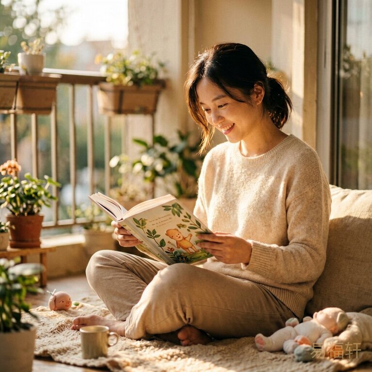 妈妈在阳台读绘本,阳光温柔洒落