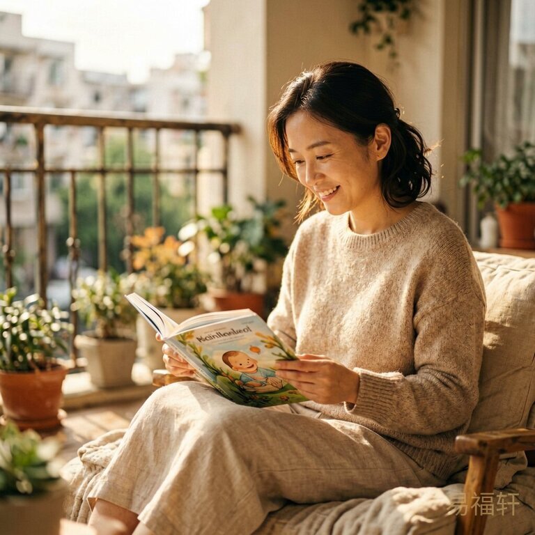 妈妈在阳台读绘本,阳光温柔洒落