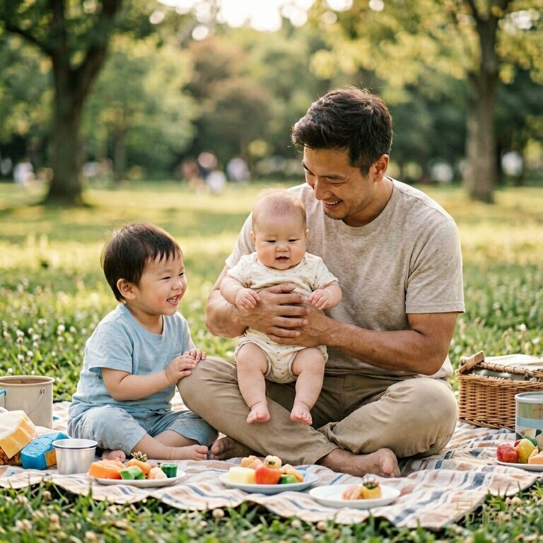 一家三口在公园野餐晒太阳,爸爸抱着宝宝