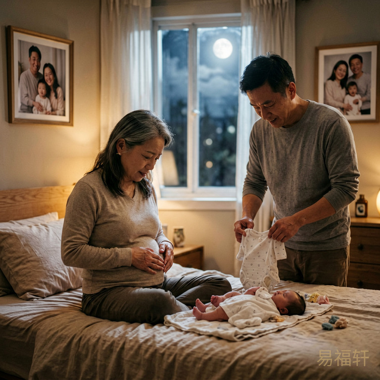 晚上卧室暖灯下，妈妈坐在床边轻轻摸着肚子，窗外月光柔和，爸爸在旁边整理新生儿的衣服，墙上挂着温馨的家庭照片