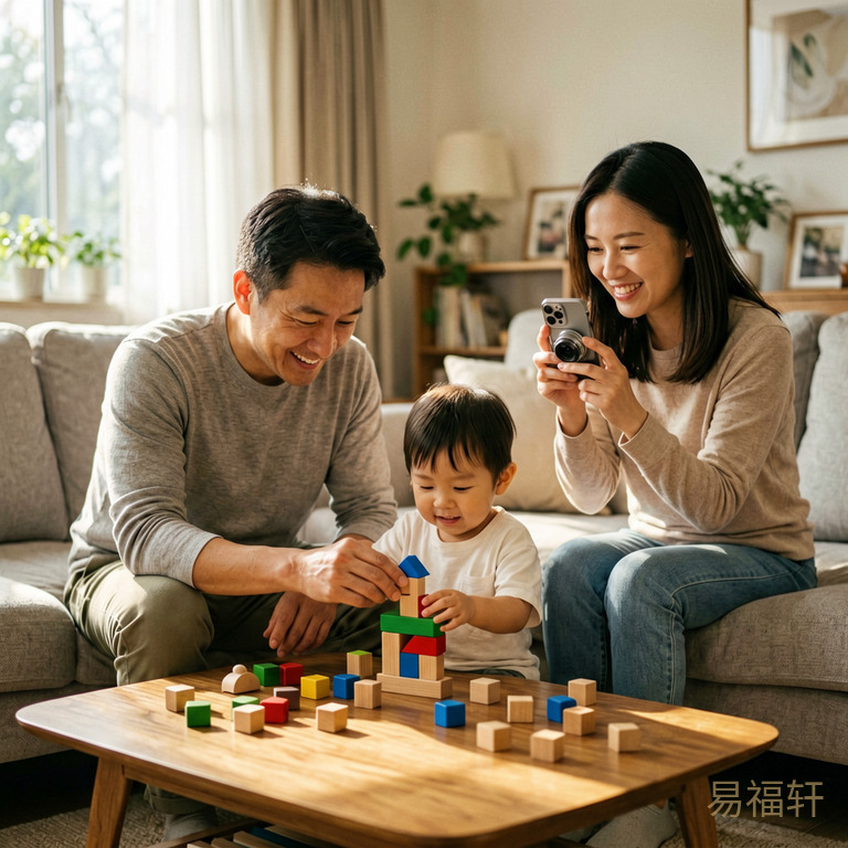 家庭温馨场景——一家人在客厅里,爸爸教宝宝搭积木,妈妈在旁边笑着拍照,阳光从窗户洒进来