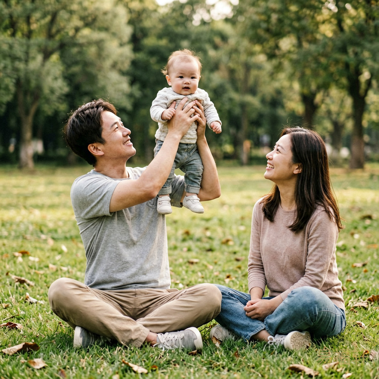 一家三口在公园草地上，爸爸举着宝宝，妈妈在旁边笑