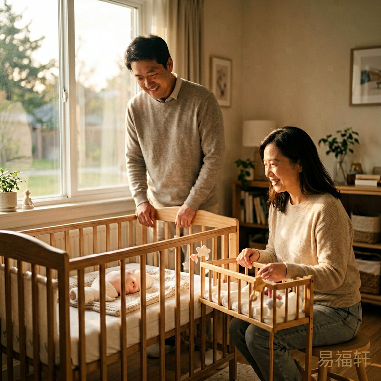 清晨阳光洒进婴儿房,爸爸站在窗边温柔地注视着婴儿床,妈妈坐在一旁轻轻摇着小床,画面温暖安静